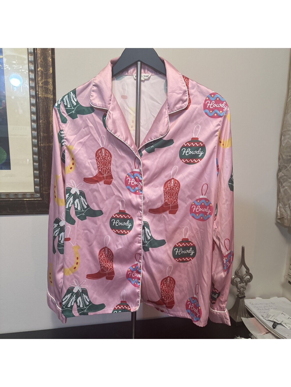 Woman’s Cowboy Christmas Pajama Top Size Small Long Sleeve Button Down
